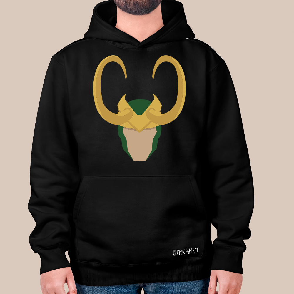 Norse Mythology Loki Horned Helmet 550g Heavyweight Cotton Hoodie, Flat Illustration Pullover with Kangaroo Pocket, Unisex All-Ages Sweatshirt, Viking Spirit Runes on Hem