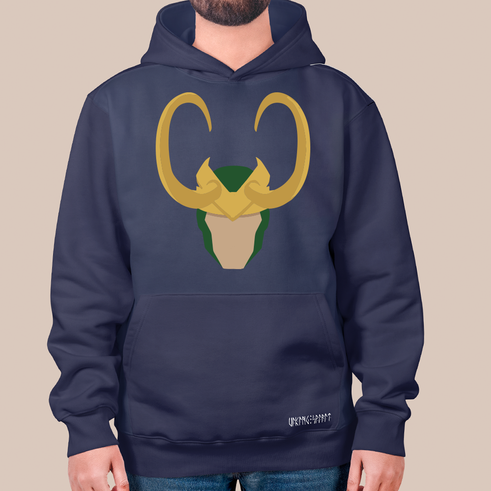 Norse Mythology Loki Horned Helmet 550g Heavyweight Cotton Hoodie, Flat Illustration Pullover with Kangaroo Pocket, Unisex All-Ages Sweatshirt, Viking Spirit Runes on Hem