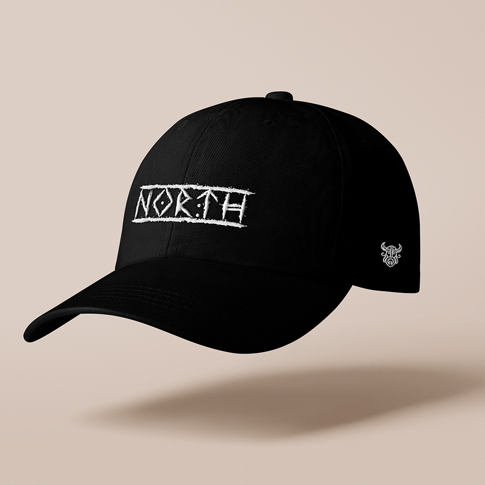 NORTH Rune‑Style Text Embroidered Cotton Baseball Cap, Norse Viking Northern Spirit Sun Dad Hat, Affordable Unisex‑All‑Ages Outdoor Casual Cap for European Market-Viking Spirit