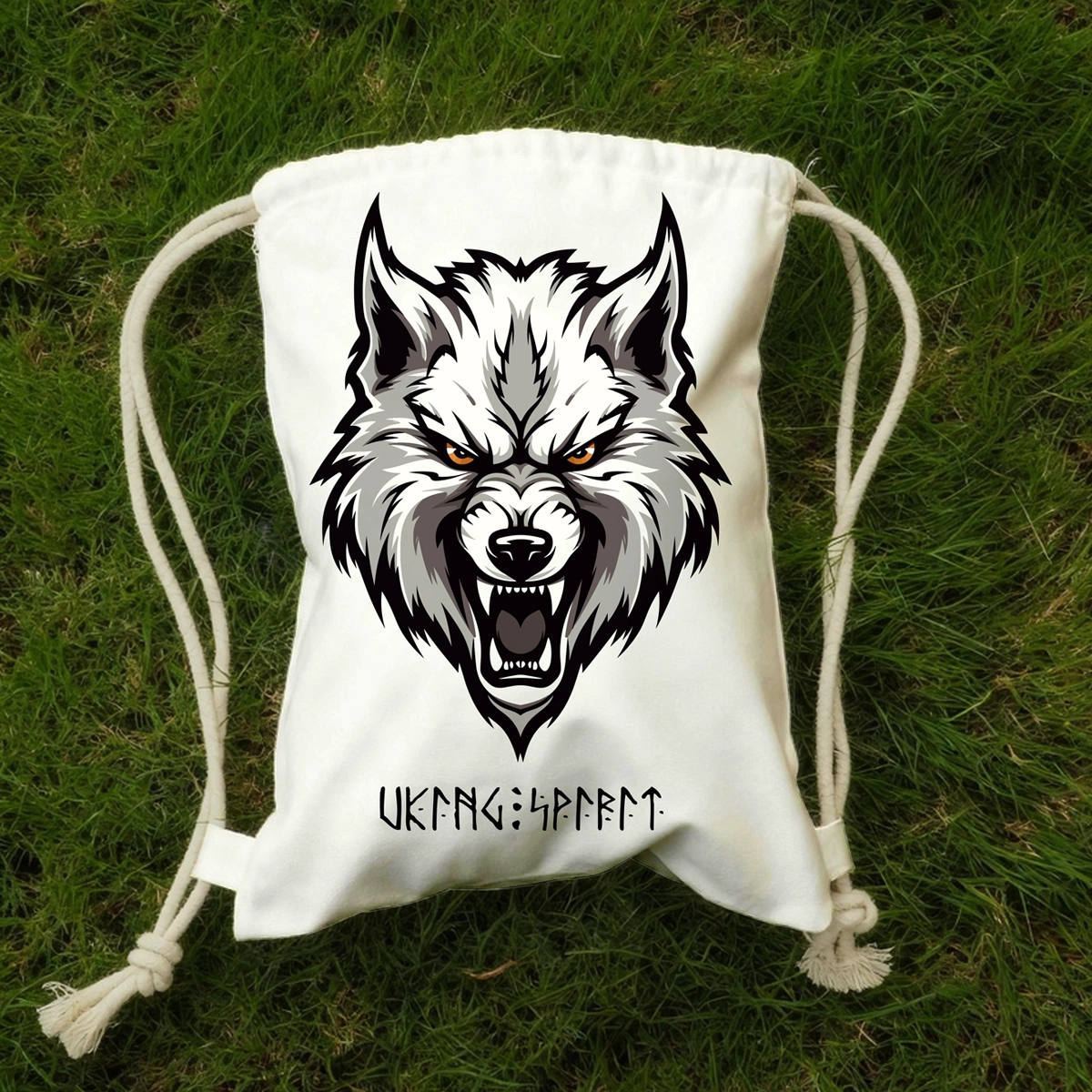 Viking Fenrir Giant Wolf Cotton Canvas Drawstring Bag, Norse Rune Heat‑Transfer Sack Backpack