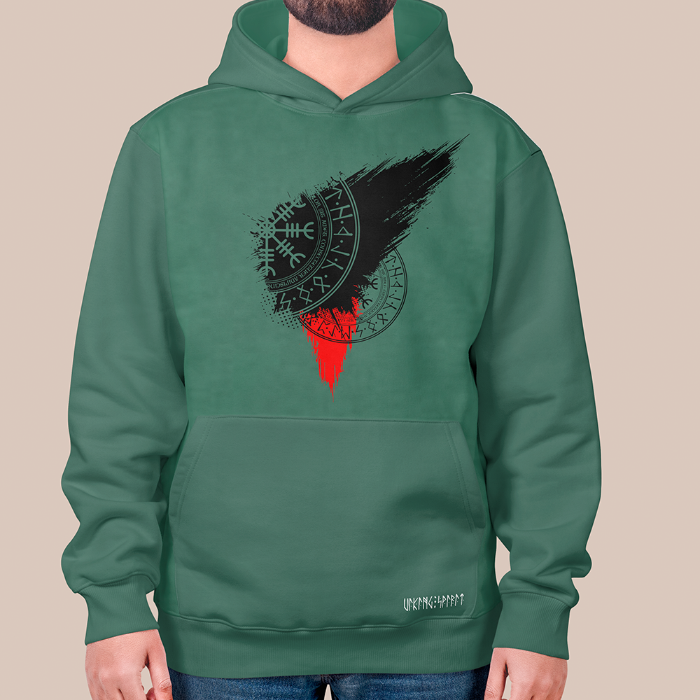 Viking Vegvísir Rune Compass Circle 550g Heavyweight Cotton Hoodie, Norse Wayfinder Rune Totem Pullover with Kangaroo Pocket, Affordable Unisex All-Ages Casual Hoodie for European Market-Viking Spirit