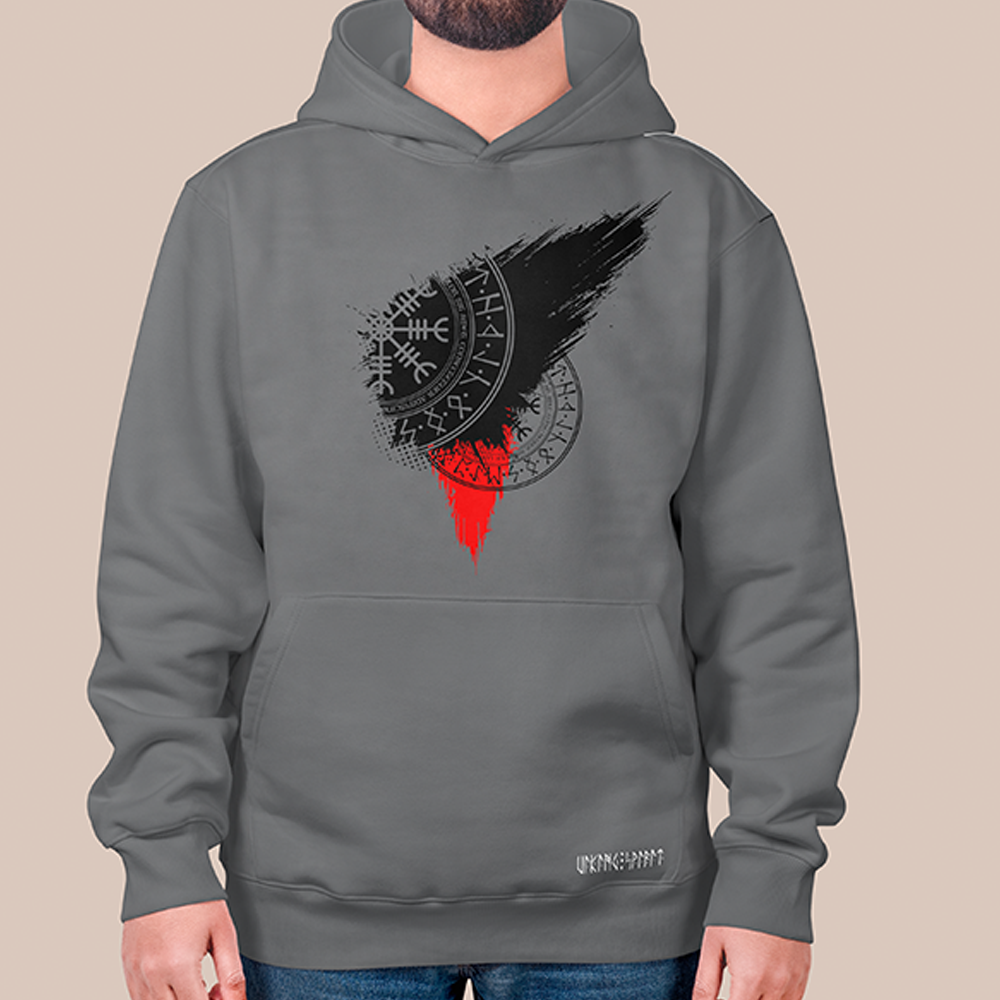 Viking Vegvísir Rune Compass Circle 550g Heavyweight Cotton Hoodie, Norse Wayfinder Rune Totem Pullover with Kangaroo Pocket, Affordable Unisex All-Ages Casual Hoodie for European Market-Viking Spirit