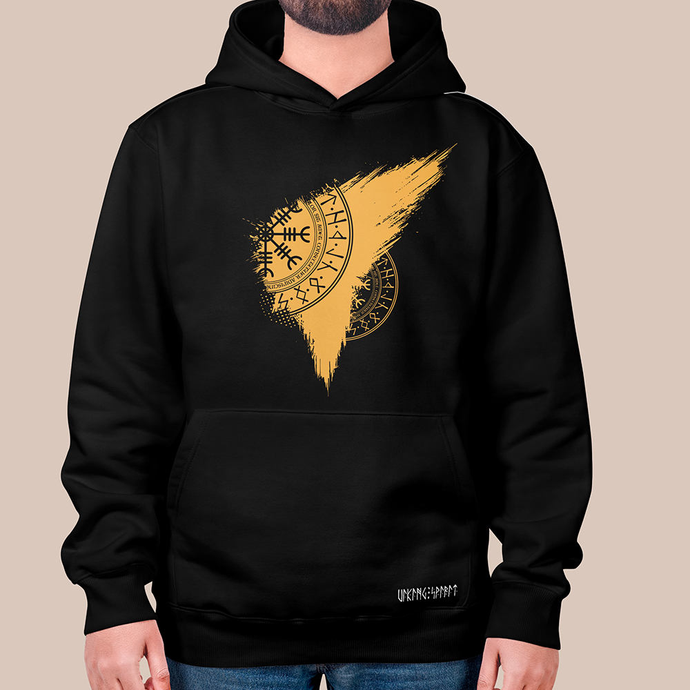Viking Vegvísir Rune Compass Circle 550g Heavyweight Cotton Hoodie, Norse Wayfinder Rune Totem Pullover with Kangaroo Pocket, Affordable Unisex All-Ages Casual Hoodie for European Market-Viking Spirit
