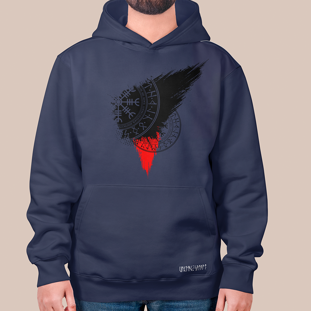 Viking Vegvísir Rune Compass Circle 550g Heavyweight Cotton Hoodie, Norse Wayfinder Rune Totem Pullover with Kangaroo Pocket, Affordable Unisex All-Ages Casual Hoodie for European Market-Viking Spirit