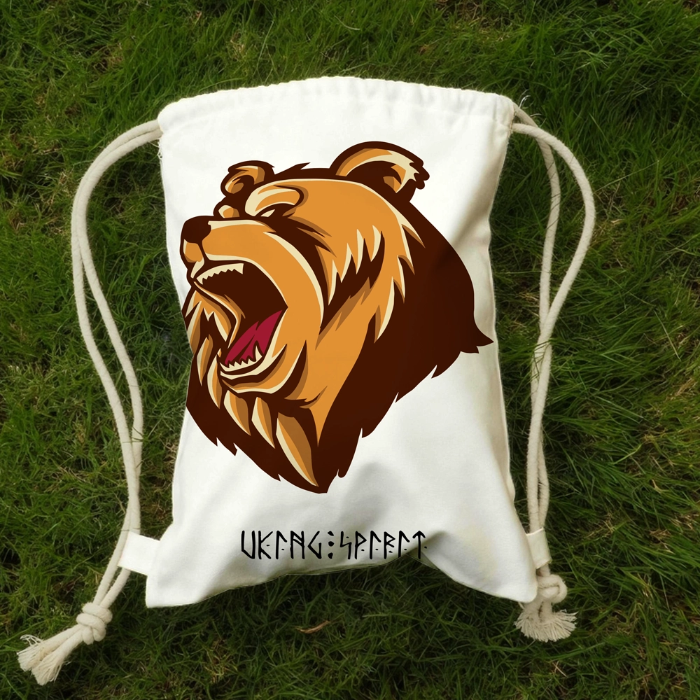 Viking Berserker Bear Cotton Canvas Drawstring Bag, Norse Rune Heat‑Transfer Sack Backpack