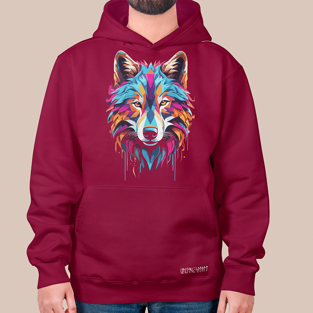 Viking Fenrir Giant Wolf Pop Art Wolf Head 550g Heavyweight Cotton Hoodie, Norse Mythology Fenrir Totem Pullover with Kangaroo Pocket, Affordable Unisex All-Ages Casual Hoodie for European Market-Viking Spirit