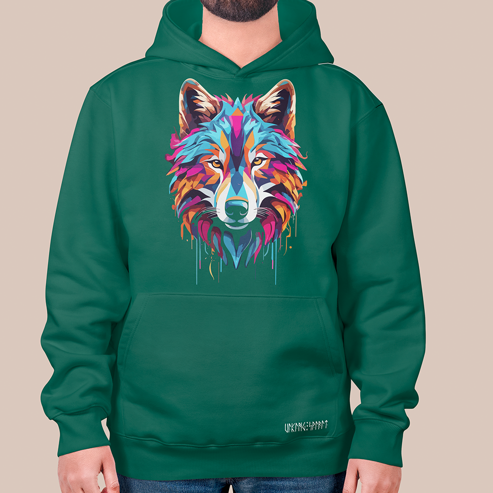 Viking Fenrir Giant Wolf Pop Art Wolf Head 550g Heavyweight Cotton Hoodie, Norse Mythology Fenrir Totem Pullover with Kangaroo Pocket, Affordable Unisex All-Ages Casual Hoodie for European Market-Viking Spirit