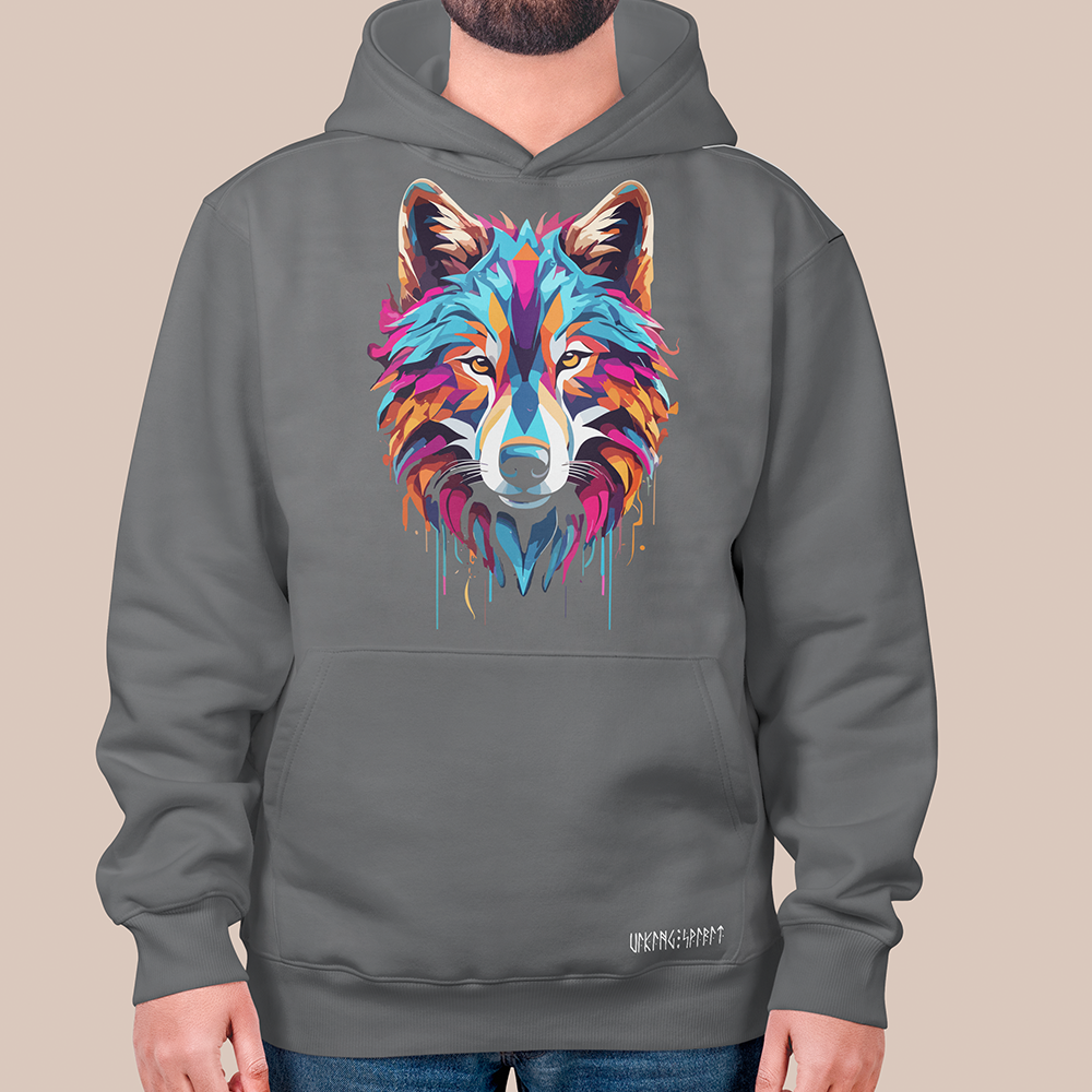 Viking Fenrir Giant Wolf Pop Art Wolf Head 550g Heavyweight Cotton Hoodie, Norse Mythology Fenrir Totem Pullover with Kangaroo Pocket, Affordable Unisex All-Ages Casual Hoodie for European Market-Viking Spirit