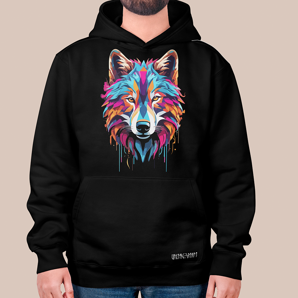Viking Fenrir Giant Wolf Pop Art Wolf Head 550g Heavyweight Cotton Hoodie, Norse Mythology Fenrir Totem Pullover with Kangaroo Pocket, Affordable Unisex All-Ages Casual Hoodie for European Market-Viking Spirit