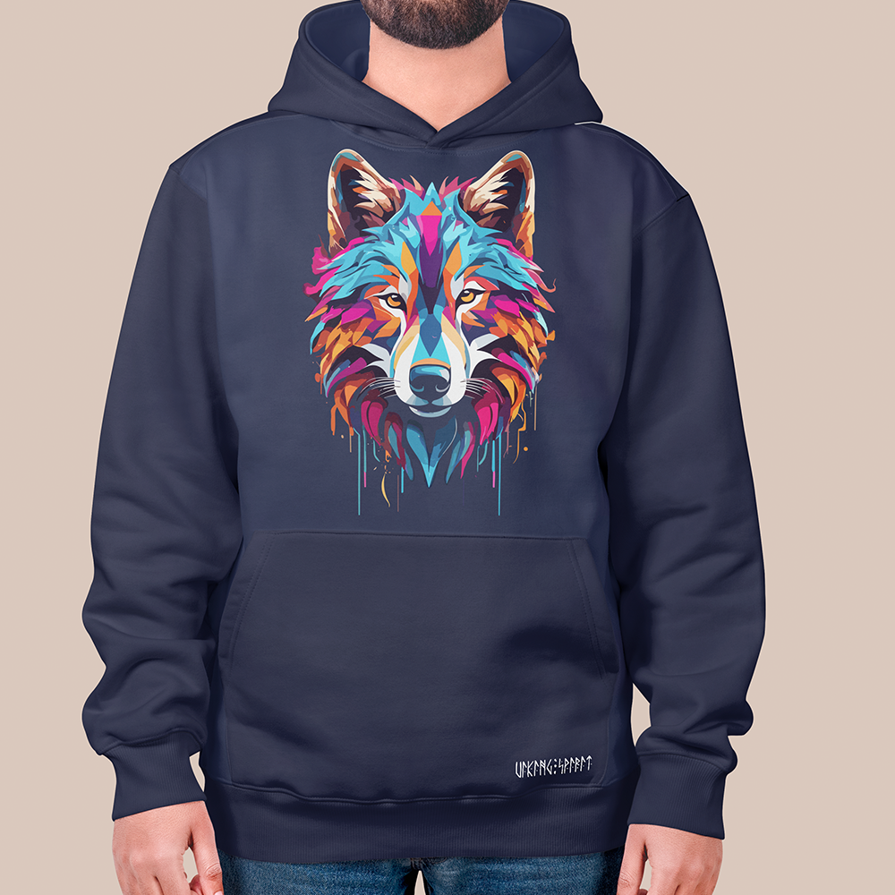 Viking Fenrir Giant Wolf Pop Art Wolf Head 550g Heavyweight Cotton Hoodie, Norse Mythology Fenrir Totem Pullover with Kangaroo Pocket, Affordable Unisex All-Ages Casual Hoodie for European Market-Viking Spirit