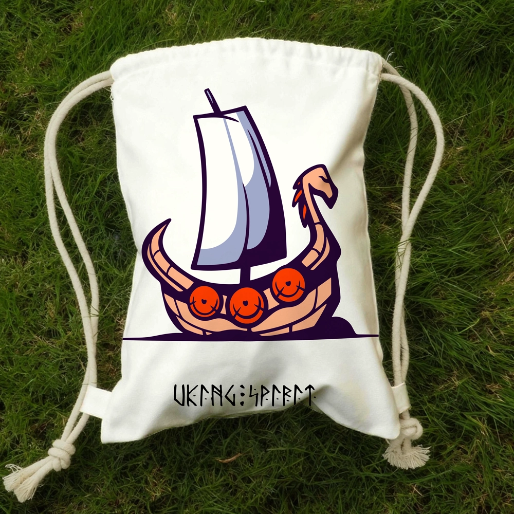 Viking Drakkar Longship Cotton Canvas Drawstring Bag, Norse Dragon Warship Rune Heat‑Transfer Sack Backpack-Viking Spirit