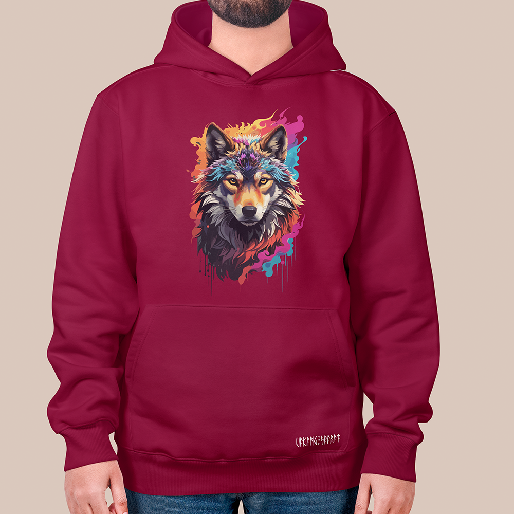 Viking Fire Splash Colorful Wolf Head 550g Heavyweight Cotton Hoodie, Norse Totem Pullover with Kangaroo Pocket, Affordable Unisex All-Ages Sweatshirt for European Fans-Viking Spirit