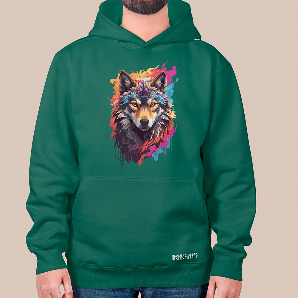 Viking Fire Splash Colorful Wolf Head 550g Heavyweight Cotton Hoodie, Norse Totem Pullover with Kangaroo Pocket, Affordable Unisex All-Ages Sweatshirt for European Fans-Viking Spirit