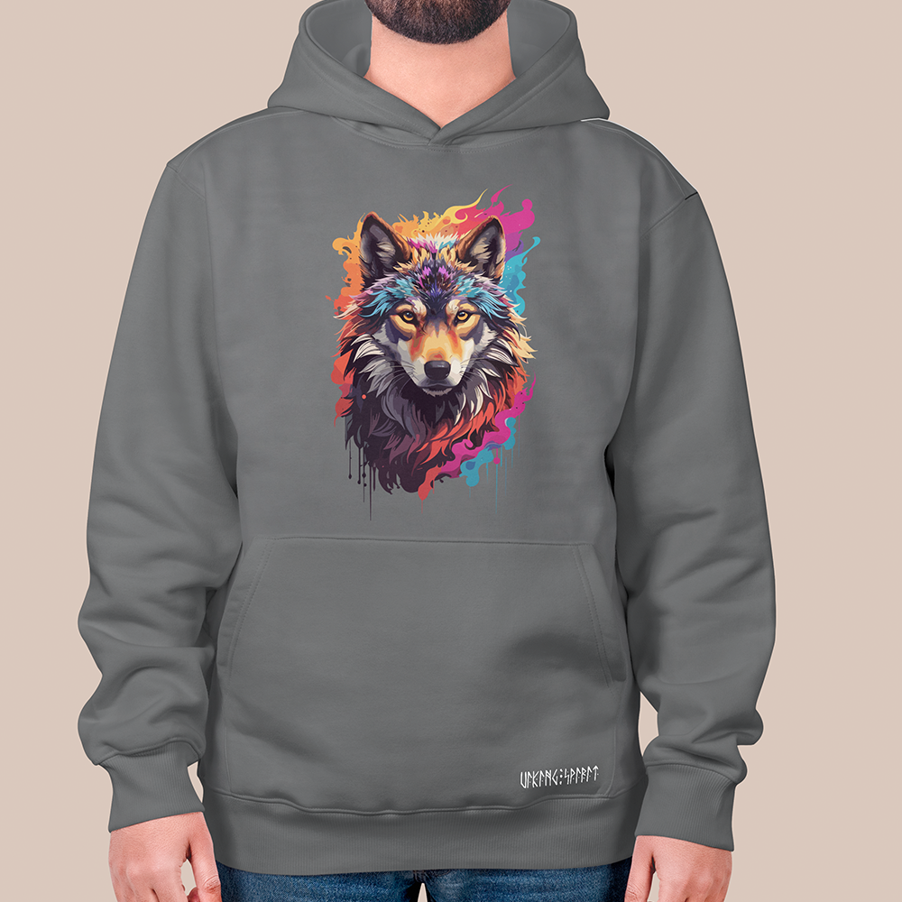 Viking Fire Splash Colorful Wolf Head 550g Heavyweight Cotton Hoodie, Norse Totem Pullover with Kangaroo Pocket, Affordable Unisex All-Ages Sweatshirt for European Fans-Viking Spirit
