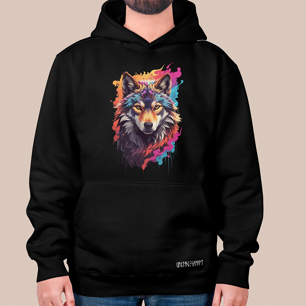 Viking Fire Splash Colorful Wolf Head 550g Heavyweight Cotton Hoodie, Norse Totem Pullover with Kangaroo Pocket, Affordable Unisex All-Ages Sweatshirt for European Fans-Viking Spirit
