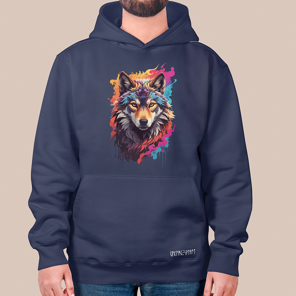 Viking Fire Splash Colorful Wolf Head 550g Heavyweight Cotton Hoodie, Norse Totem Pullover with Kangaroo Pocket, Affordable Unisex All-Ages Sweatshirt for European Fans-Viking Spirit