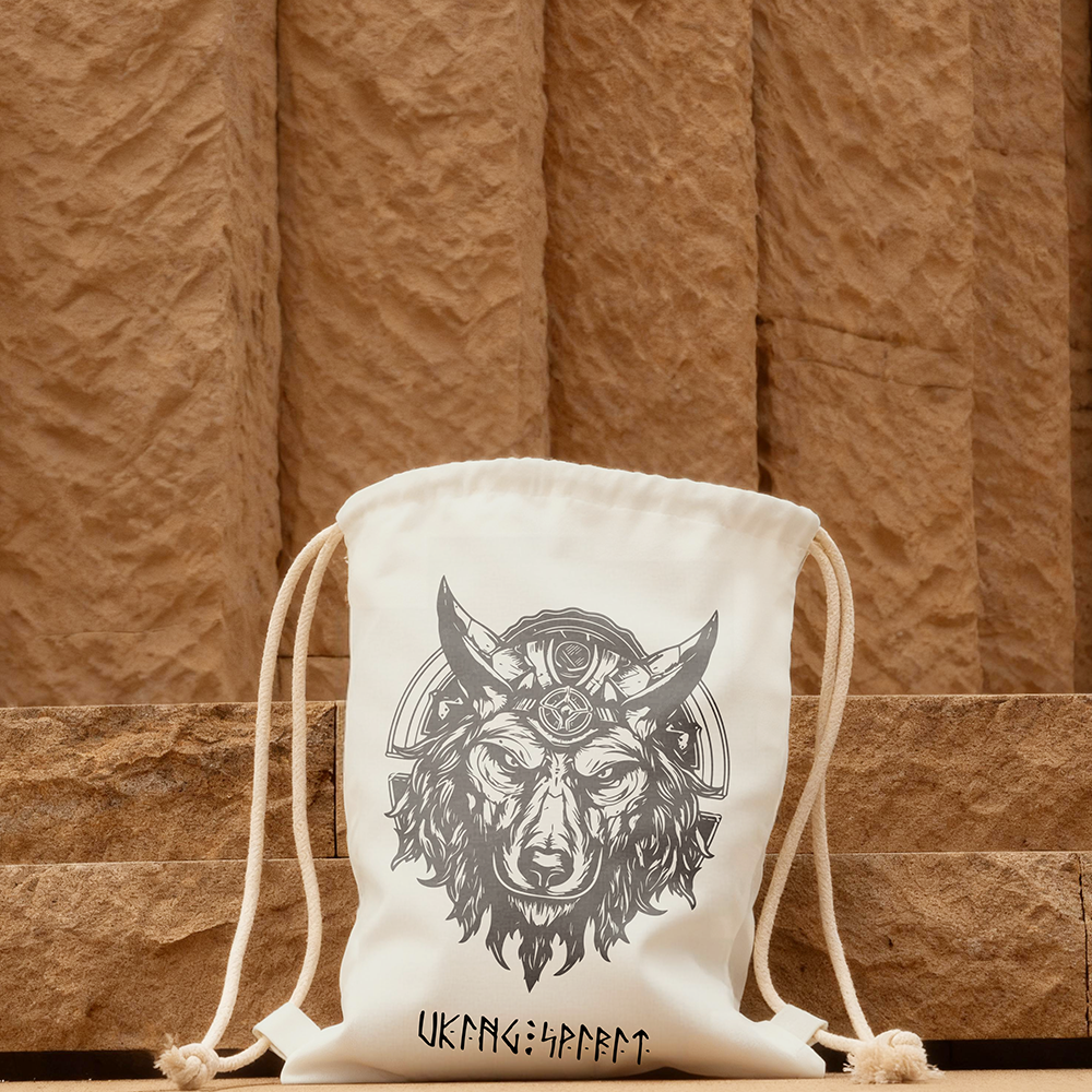 Fenrir Viking Giant Wolf Head Illustration Cotton Canvas Drawstring Backpack, Norse Mythology Legend Heat‑Transfer Gym Sack Bag, Affordable Unisex Nordic Storage Sack for All Ages for European Market-Viking Spirit