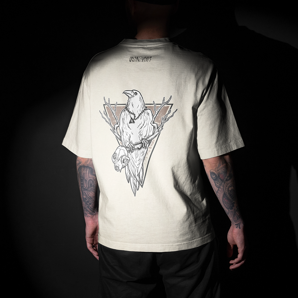 Norse Mythology Odin Raven Huginn & Muninn Double-sided Printed Vintage Oversized T-Shirt, 230g Heavy Cotton Tee, Viking God Totem Unisex Multi-color Short Sleeve