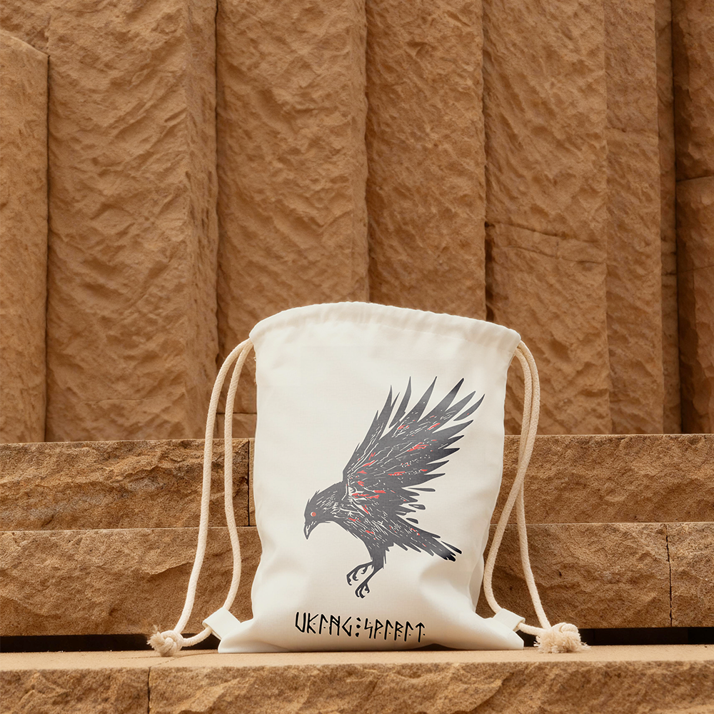 Black‑Red Battle‑Scarred Odin's Raven Cotton Canvas Drawstring Backpack, Aggressive Viking Crow Heat‑Transfer Gym Sack Bag, Affordable Unisex Nordic Storage Sack for All Ages for European Market-Viking Spirit