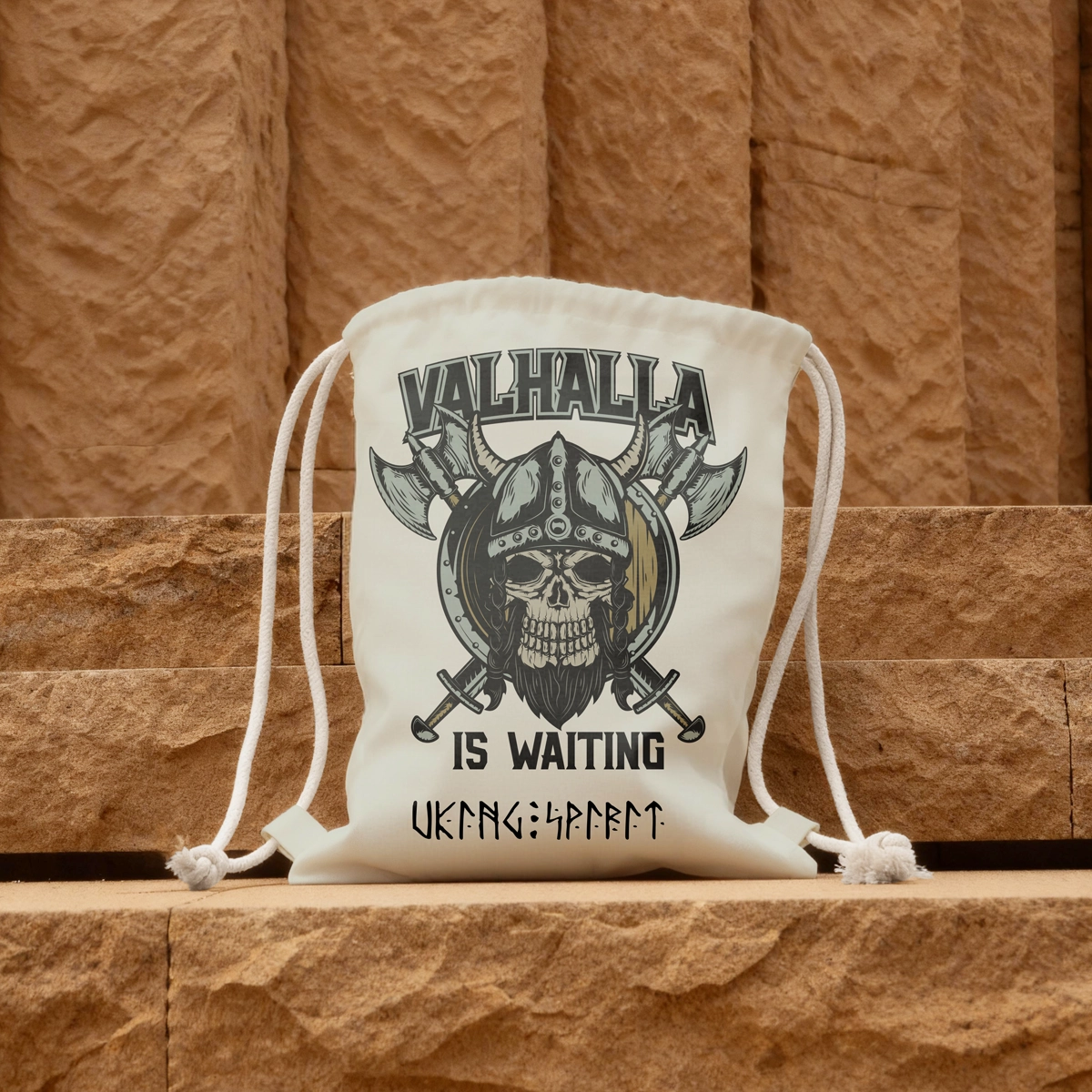 Valhalla Viking Skull Warrior Cotton Canvas Drawstring Bag, Norse Rune Heat‑Transfer Sack Backpack