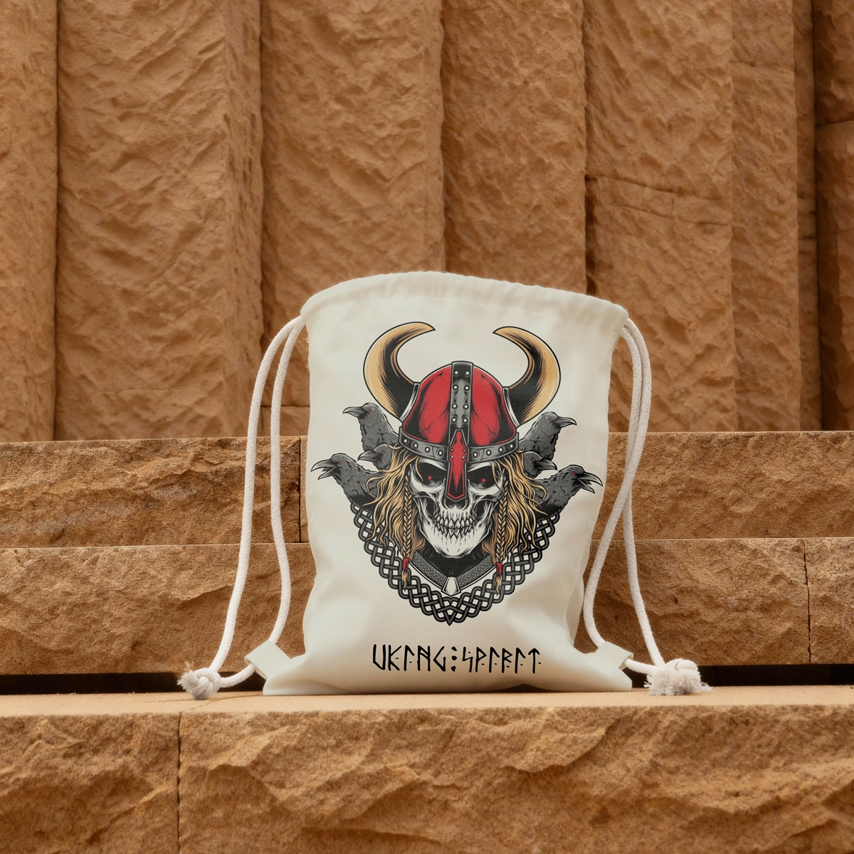 Viking Odin Raven Skull Cotton Canvas Drawstring Bag, Celtic Knot Norse Rune Heat‑Transfer Sack Backpack-Viking Spirit