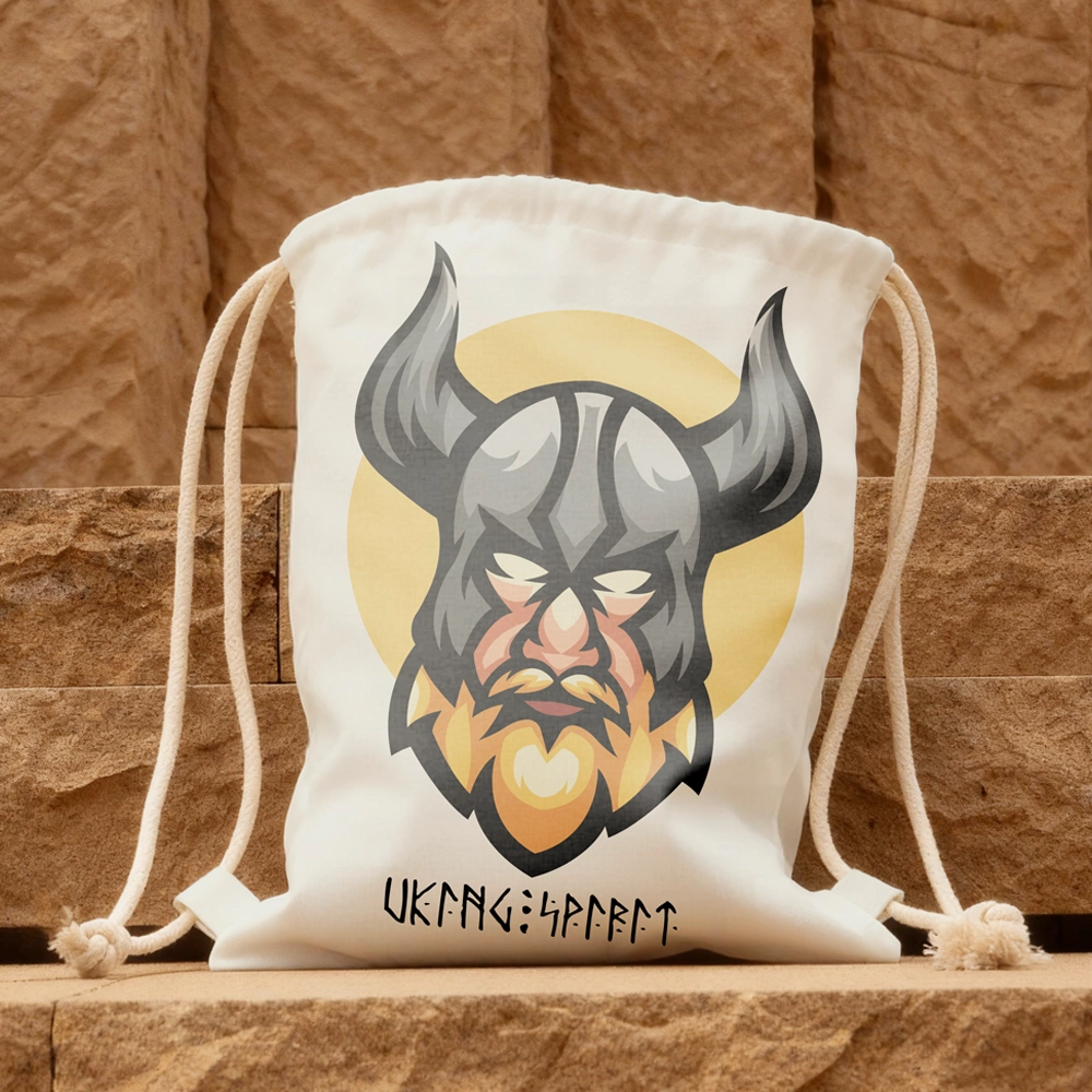 Viking Warrior Head with Horned Helmet Cotton Canvas Drawstring Bag, Norse Fighter Rune Heat‑Transfer Sack Backpack-Viking Spirit