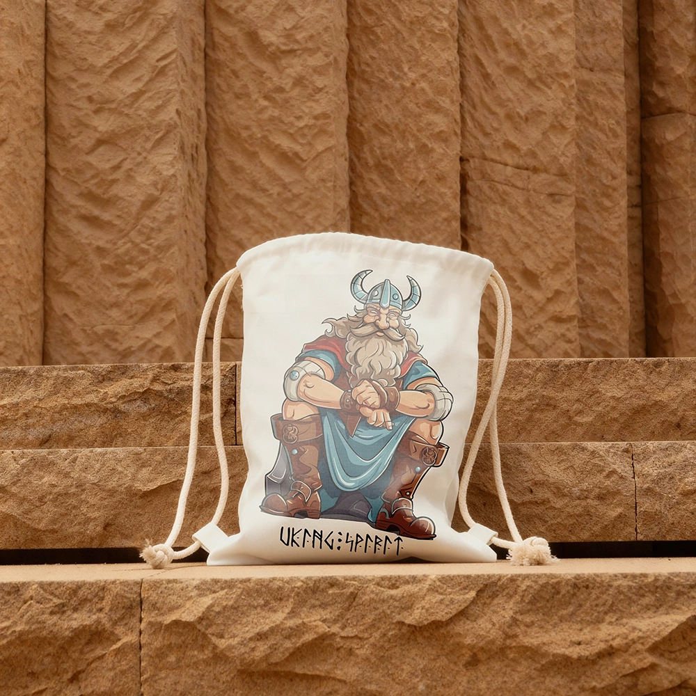 Cartoon Seated Old Viking Warrior Cotton Canvas Drawstring Bag, Vintage Norse Champion Rune Heat‑Transfer Sack Backpack-Viking Spirit
