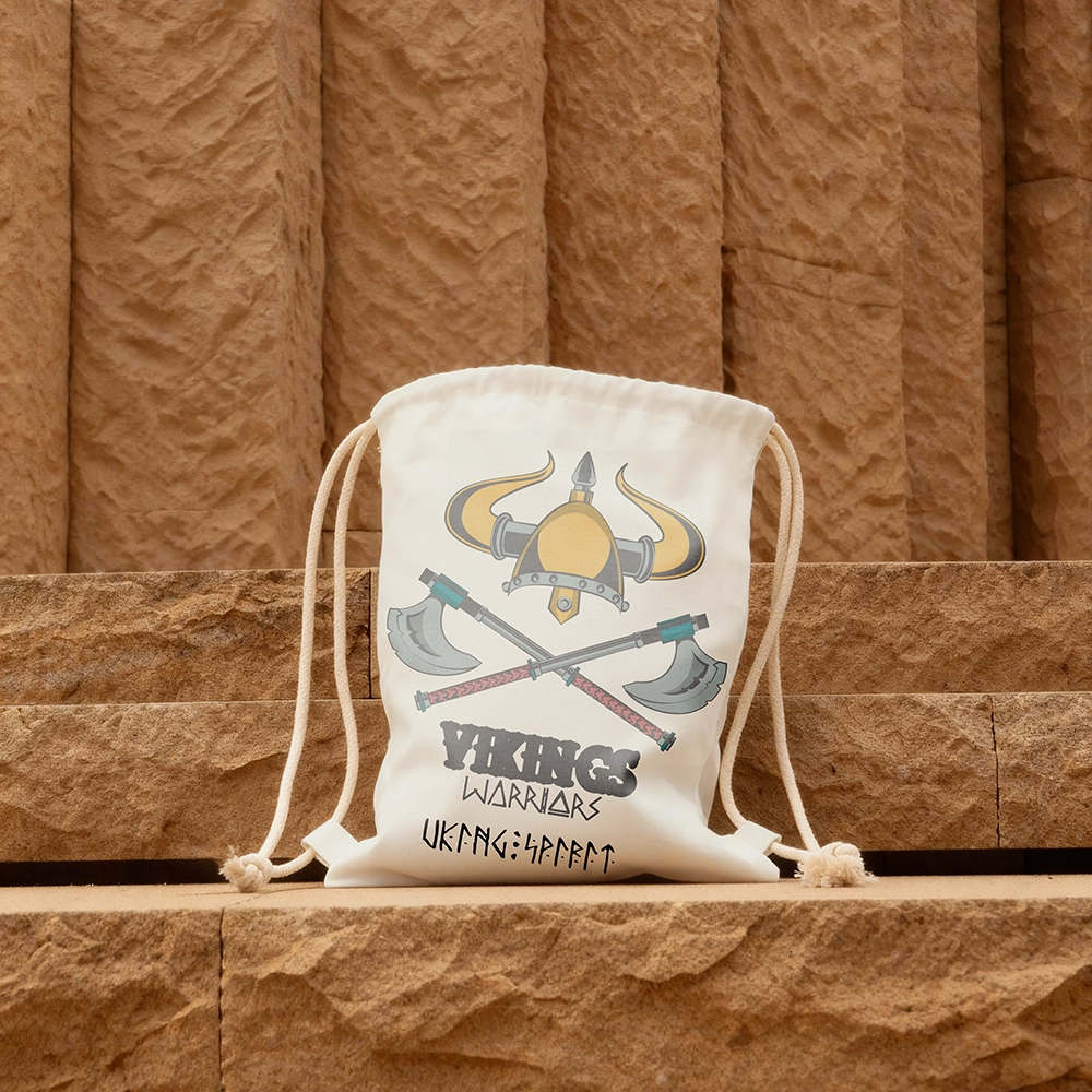 Vikings Warriors Horned Helmet Cross‑Battle‑Axe Cotton Canvas Drawstring Bag, Norse Warrior Weapon Totem Rune Heat‑Transfer Sack Backpack-Viking Spirit