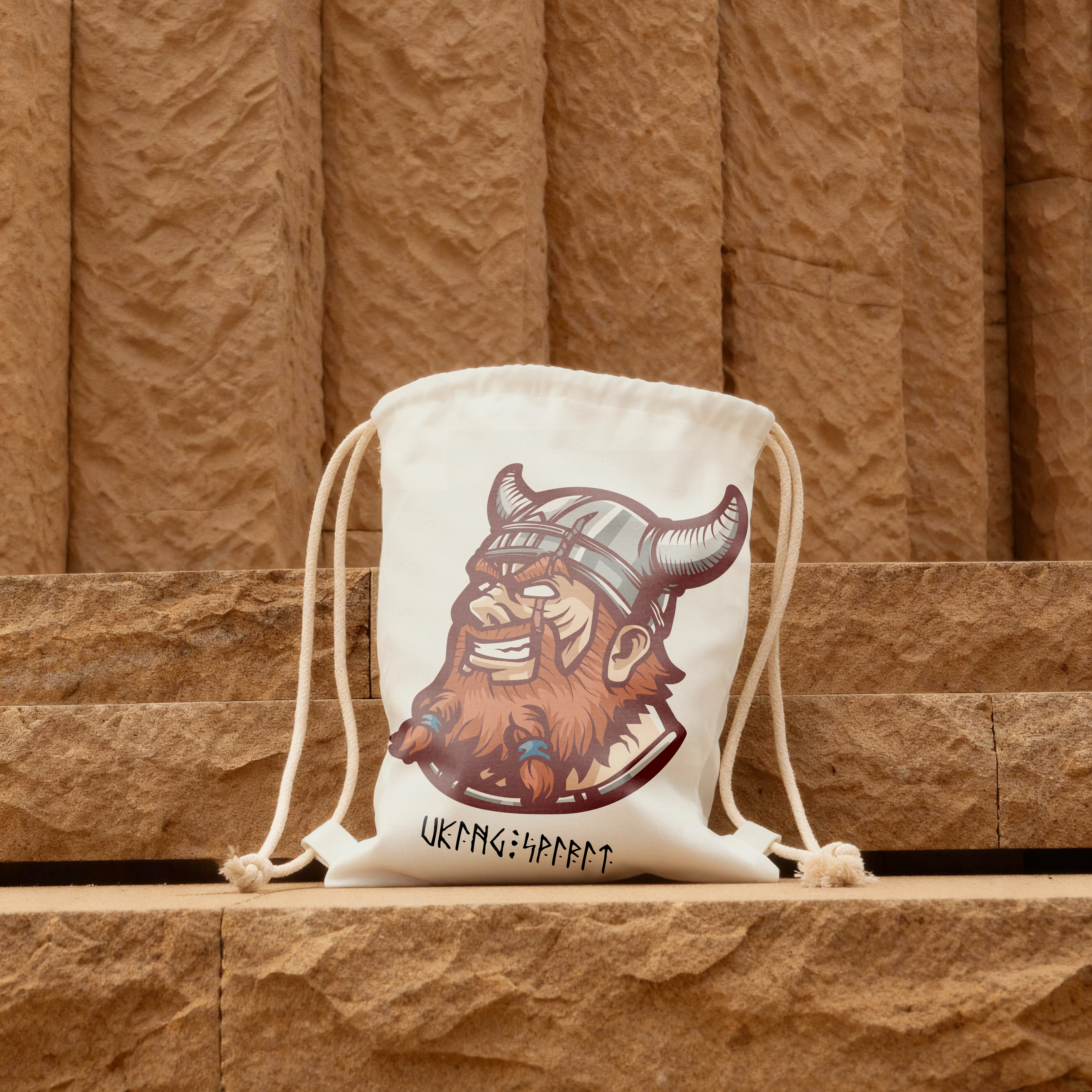 Vikings Warriors Horned Helmet Cross‑Battle‑Axe Cotton Canvas Drawstring Bag, Norse Warrior Weapon Totem Rune Heat‑Transfer Sack Backpack-Viking Spirit
