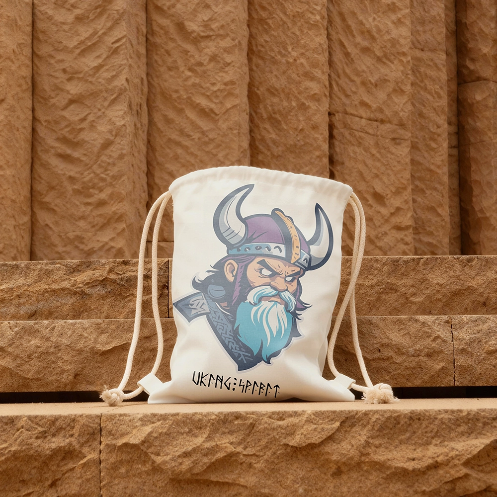 Viking Warrior Head with Purple‑Horned Helmet & Blue‑Beard Cotton Canvas Drawstring Bag, Norse Fighter Rune Heat‑Transfer Sack Backpack-Viking Spirit