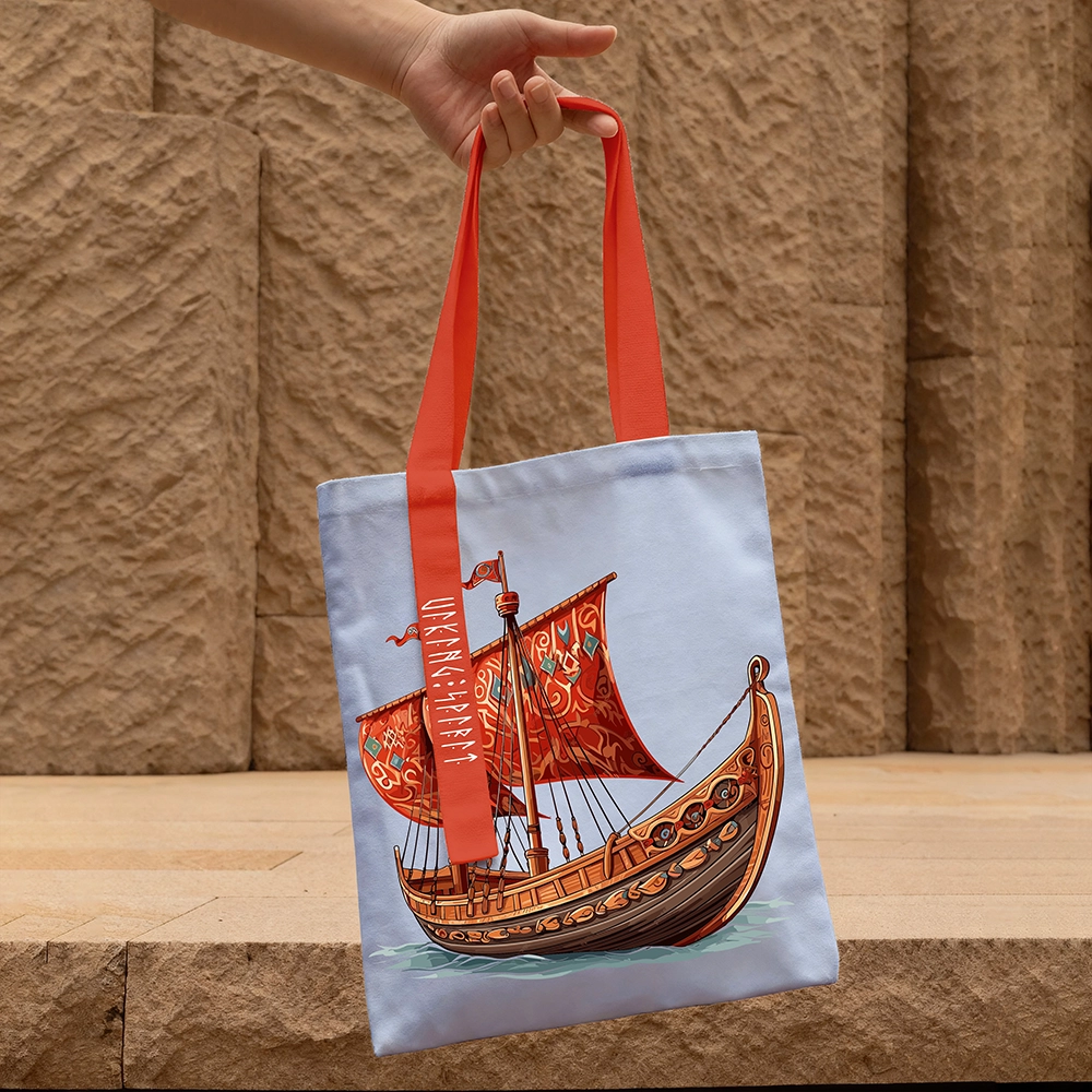 Viking Longship Drakkar Cotton Canvas Tote Bag, Norse Warship Rune Heat‑Transfer Shoulder Handbag