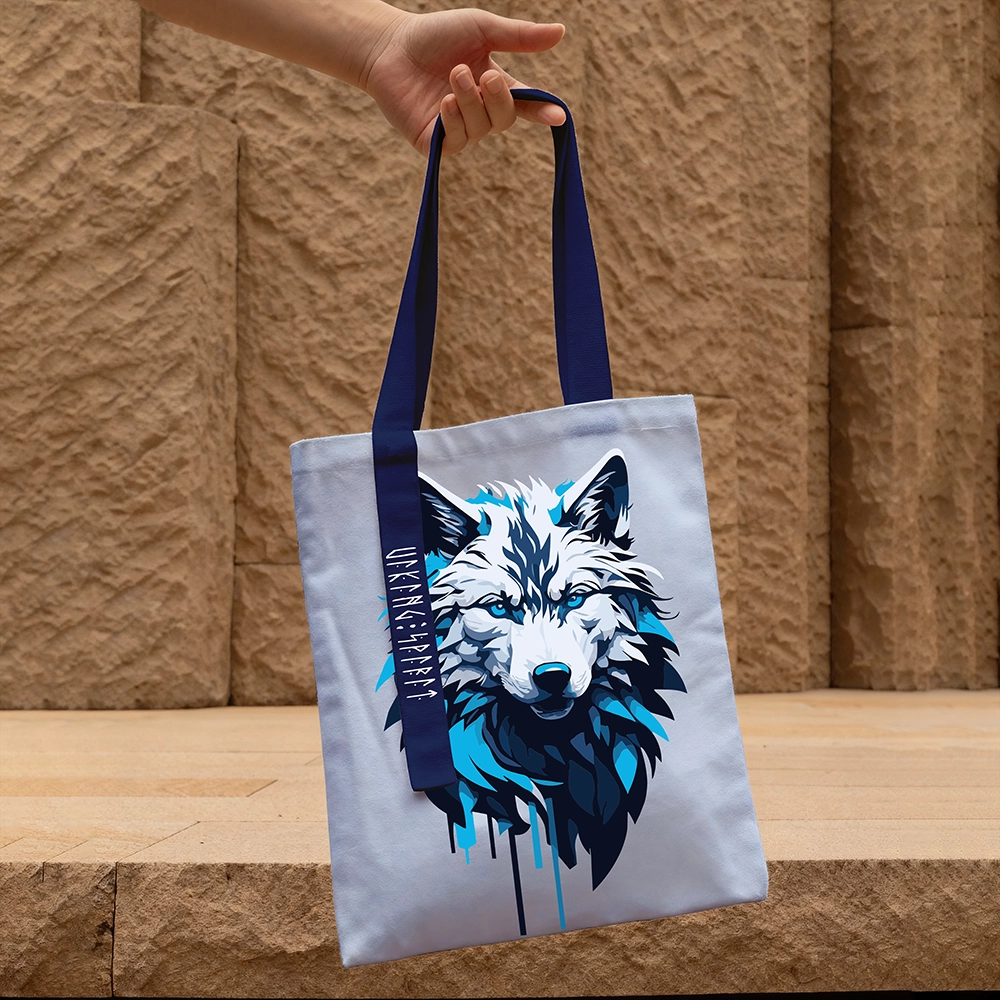 Ice‑Blue Norse Mythology Fenrir Giant Wolf Cotton Canvas Tote Bag, Viking Wolf Totem Rune Heat‑Transfer Shoulder Handbag-Viking Spirit