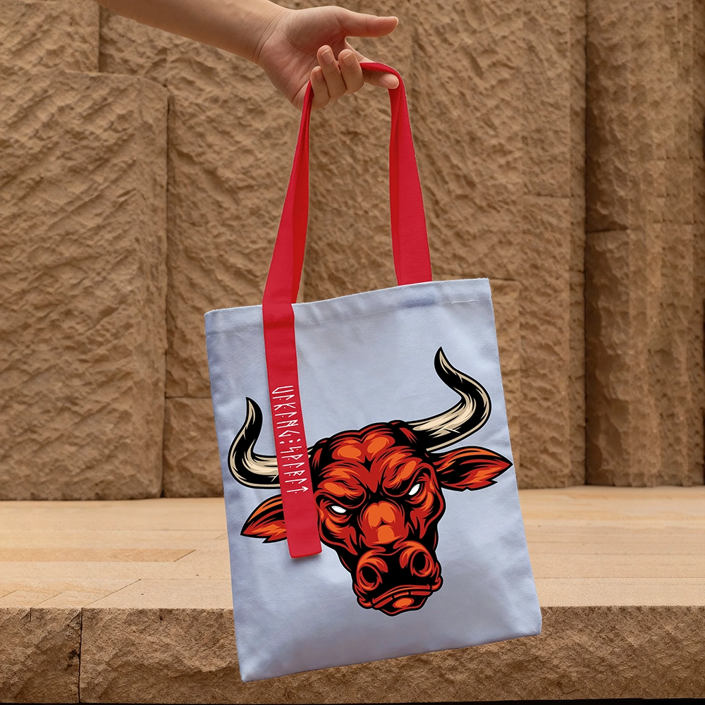 Viking Mythology Fierce Red Bull Head Cotton Canvas Tote Bag, Norse Power Totem Rune Heat‑Transfer Shoulder Handbag-Viking Spirit