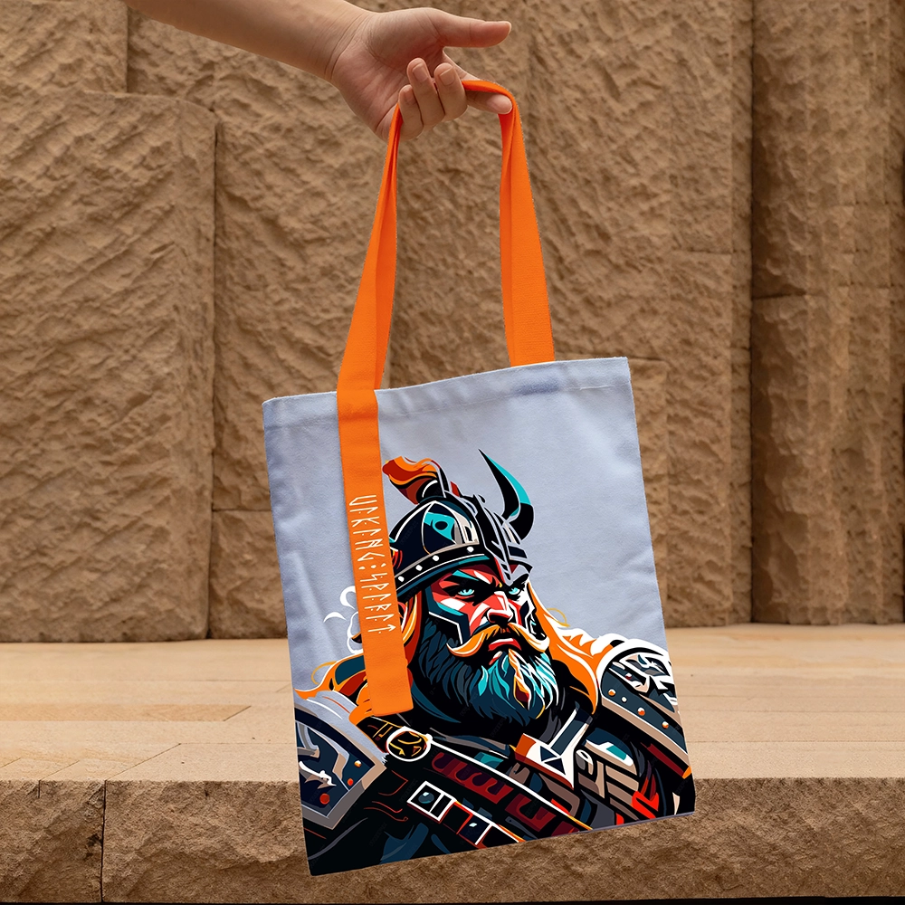 Armored Viking Warrior Cotton Canvas Tote Bag, Norse Armored Fighter Rune Heat‑Transfer Shoulder Handbag-Viking Spirit