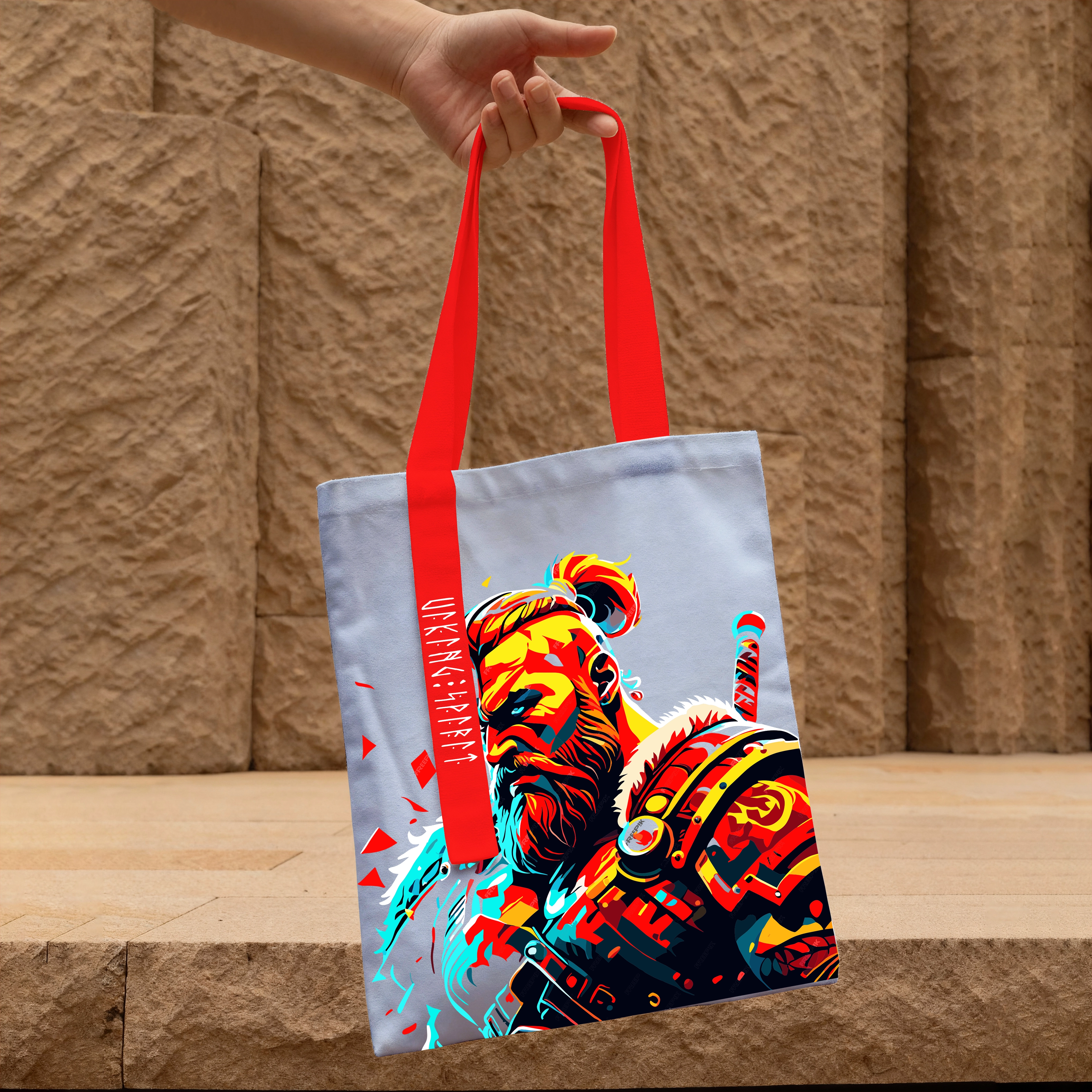 Pop‑Art Viking Berserker Cotton Canvas Tote Bag, Color‑Contrast Norse Warrior Rune Heat‑Transfer Shoulder Handbag-Viking Spirit