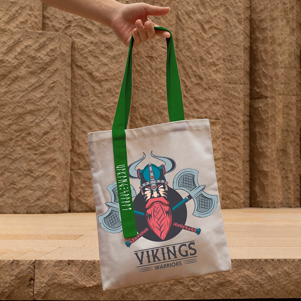 Double‑Axe Viking Warrior VIKINGS Logo Cotton Canvas Tote Bag, Norse Axe Fighter Rune Heat‑Transfer Shoulder Handbag-Viking Spirit