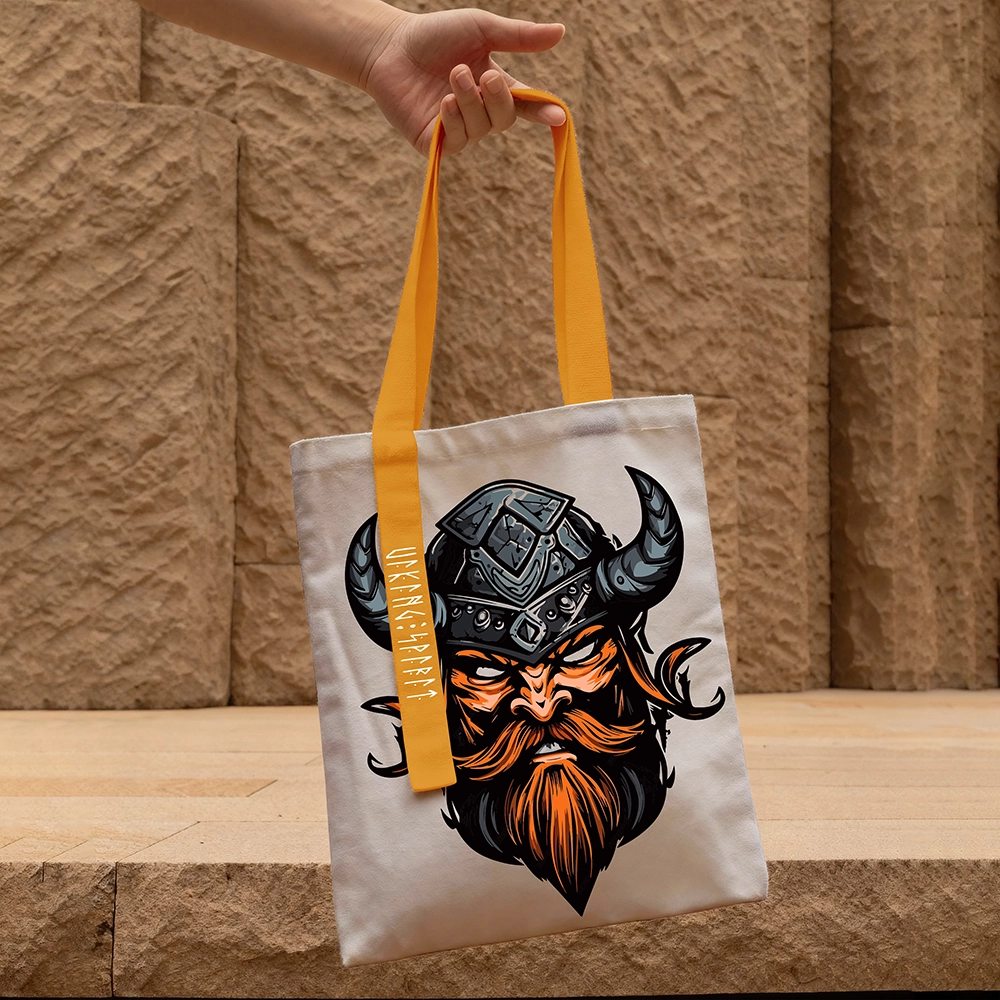 Horned Helmet Viking Chieftain Cotton Canvas Tote Bag, Norse Warrior Head Rune Heat‑Transfer Shoulder Handbag, Affordable Nordic Gift for Men Women All‑Ages-Viking Spirit
