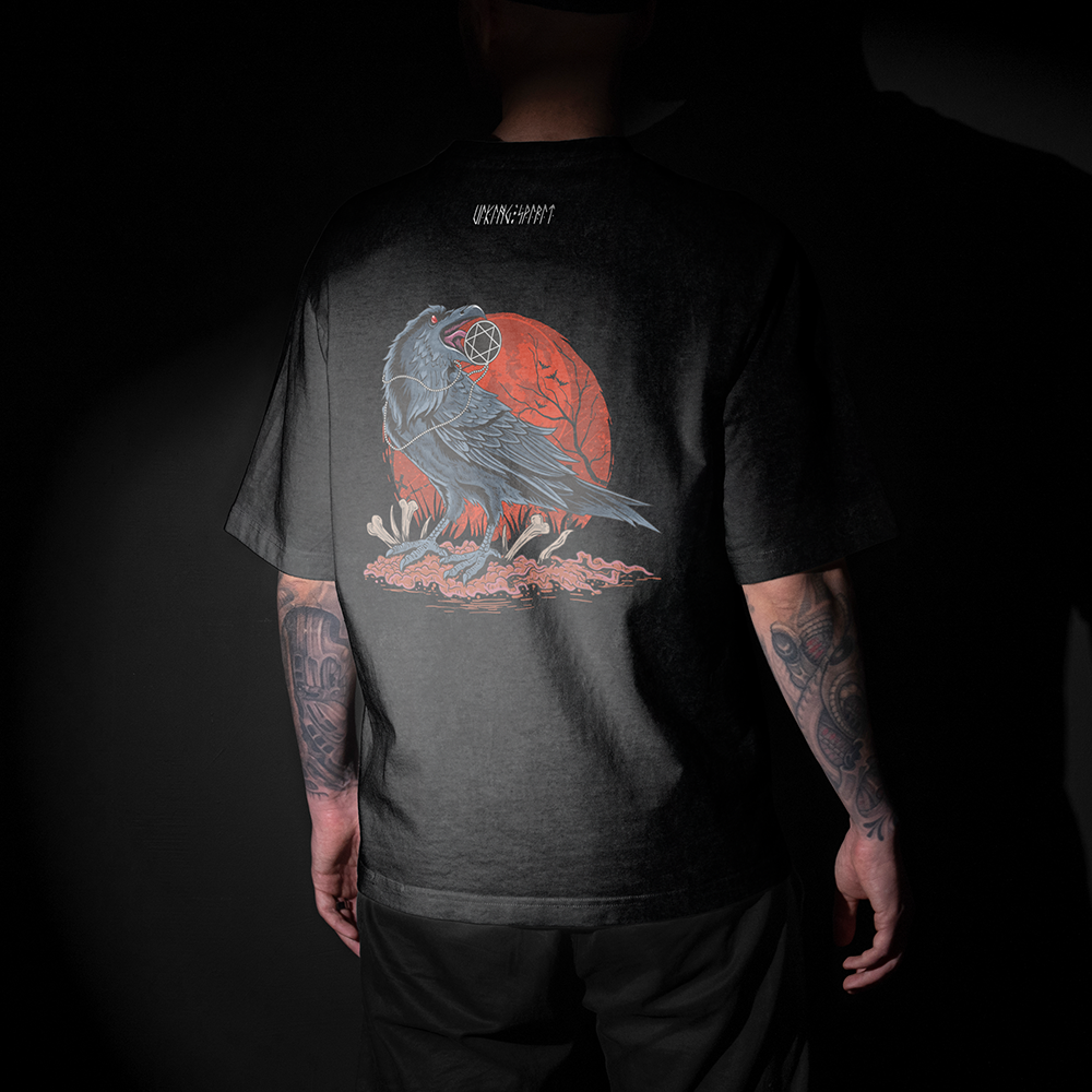 Norse Mythology Blood Moon Raven Rune Double-sided Printed Vintage Oversized T-Shirt, 230g Heavy Cotton Tee, Viking Odin Raven Totem Unisex Multi-color Short Sleeve