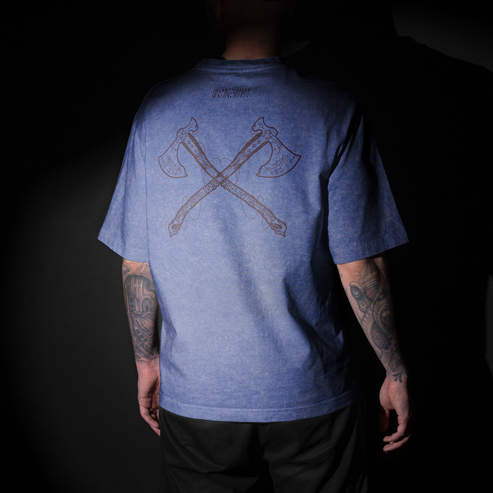 Norse Viking Warrior Crossed Double Axe Totem Double-sided Printed Vintage Oversized T-Shirt, 230g Heavy Cotton Tee, Viking Odin Portrait Unisex Multi-color Short Sleeve