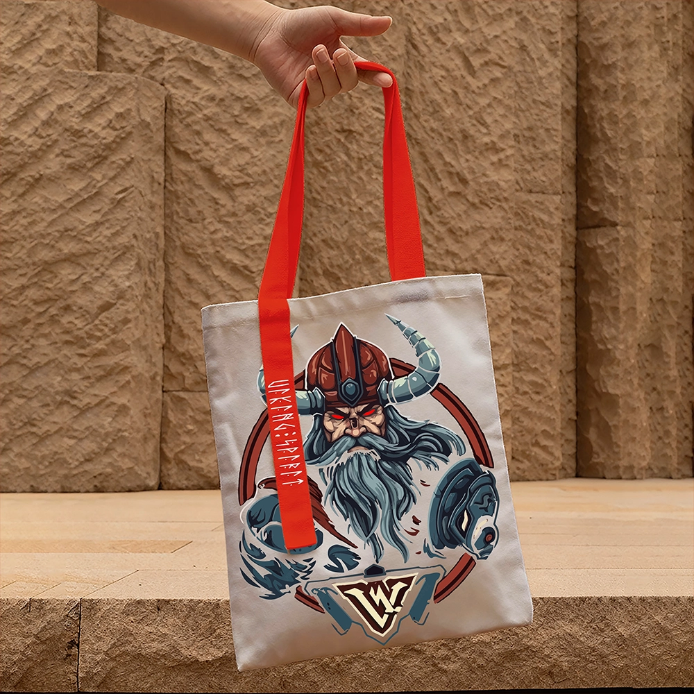 Red‑Helmet Red‑Eyes Viking Warrior God Cotton Canvas Tote Bag, Red‑Handle Norse Champion V‑Emblem Rune Heat‑Transfer Shoulder Handbag, Affordable Unisex Nordic Gift for All Ages for European Market-Viking Spirit