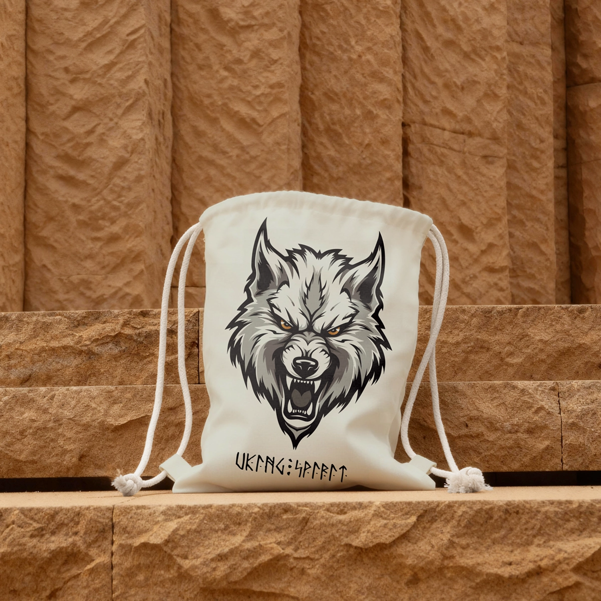 Viking Fenrir Giant Wolf Cotton Canvas Drawstring Bag, Norse Rune Heat‑Transfer Sack Backpack