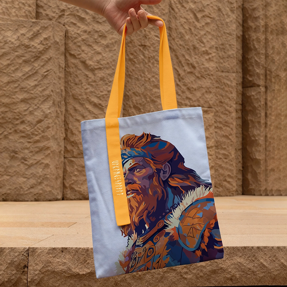 Art‑Block Illustration Profile Viking Leader Cotton Canvas Tote Bag, Orange‑Yellow Handle Norse Figure Rune Heat‑Transfer Shoulder Handbag, Affordable Unisex Nordic Gift for All Ages for European Market-Viking Spirit