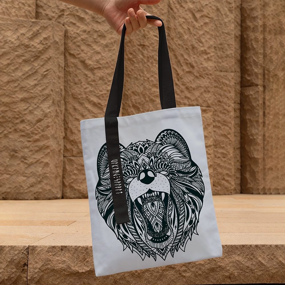 Norse Mythology Giant Bear 100% Cotton Canvas Tote Bag—Black Handles, Viking Rune Heat-Transferred Print, Handheld or Shoulder Bag—European-Style, Great Value, Unisex Cultural and Creative Shopping Bag-Viking Spirit