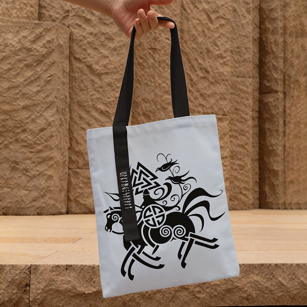 Norse Mythology Odin's Eight‑Legged Horse Sleipnir & Valknut Symbol Cotton Canvas Tote Bag, Black‑Handle Viking Rune Heat‑Transfer Shoulder Handbag, Affordable Unisex Nordic Gift for All Ages for European Market-Viking Spirit