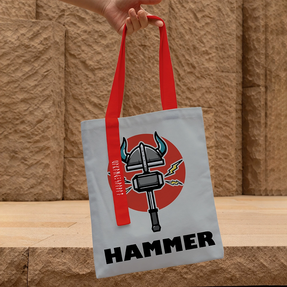 Cartoon Thor's Hammer Mjölnir Horned Helmet Cotton Canvas Tote Bag, Red‑Handle Viking Lightning Rune Heat‑Transfer Shoulder Handbag, Affordable Unisex Nordic Gift for All Ages for European Market-Viking Spirit
