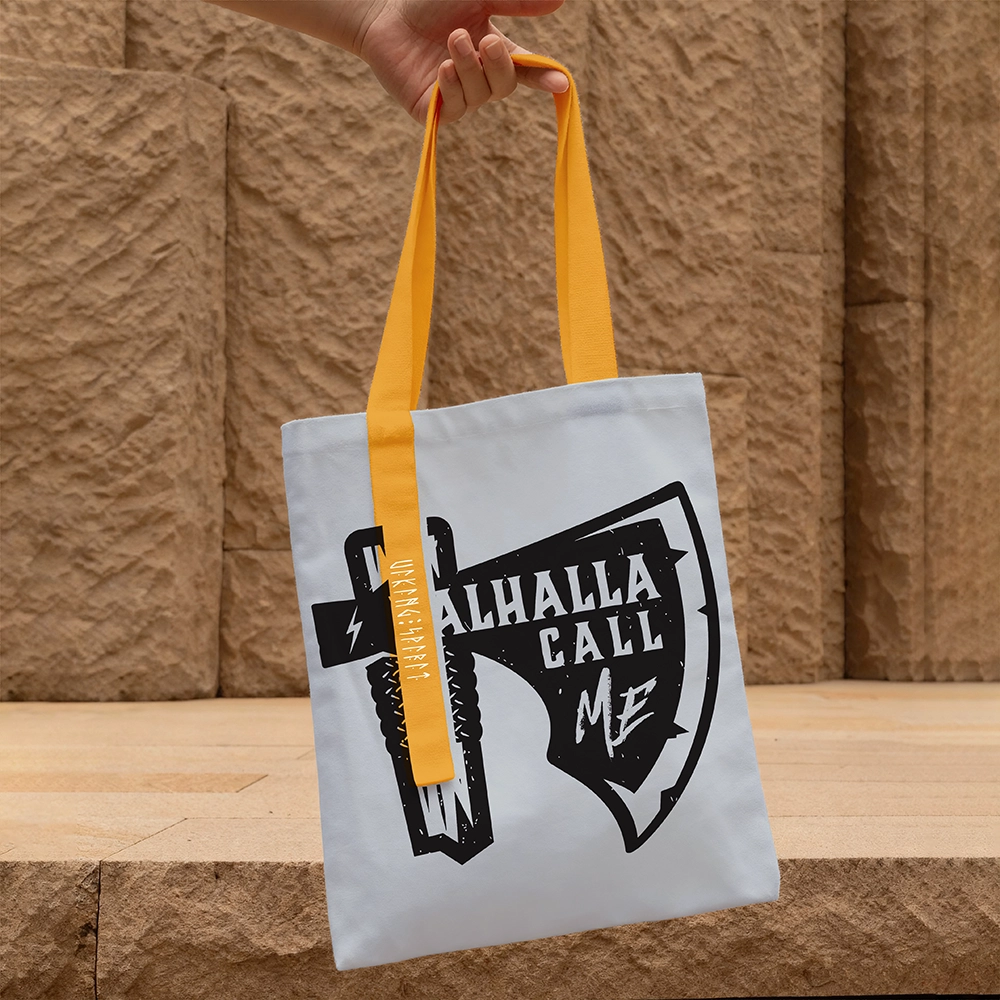 Valhalla Call Me Distressed Viking Axe Cotton Canvas Tote Bag, Orange‑Yellow Handle Norse Rune Heat‑Transfer Shoulder Handbag, Affordable Unisex Nordic Gift for All Ages for European Market-Viking Spirit