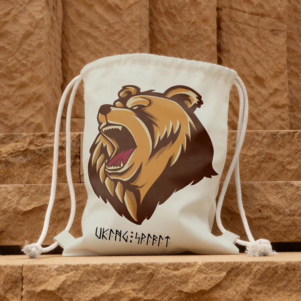 Viking Berserker Bear Cotton Canvas Drawstring Bag, Norse Rune Heat‑Transfer Sack Backpack