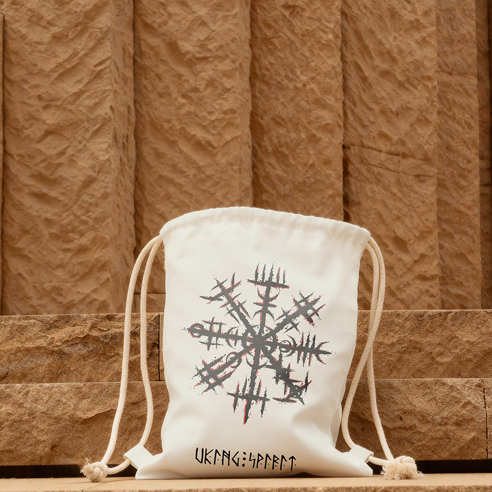 Black‑Red Distressed Aegishjalmur Helm of Awe Cotton Canvas Drawstring Backpack, Viking Power Talisman Norse Rune Heat‑Transfer Gym Sack Bag, Affordable Unisex Nordic Storage Sack for All Ages for European Market-Viking Spirit