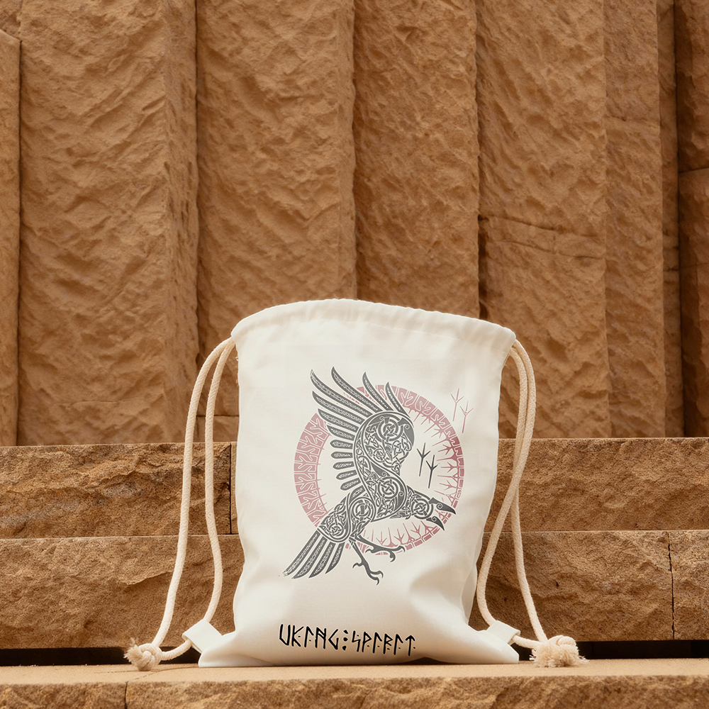 Odin's Raven Celtic Knot Cotton Canvas Drawstring Backpack, Wine‑Red Rune Circle Heat‑Transfer Gym Sack Bag, Affordable Unisex Nordic Storage Sack for All Ages for European Market-Viking Spirit