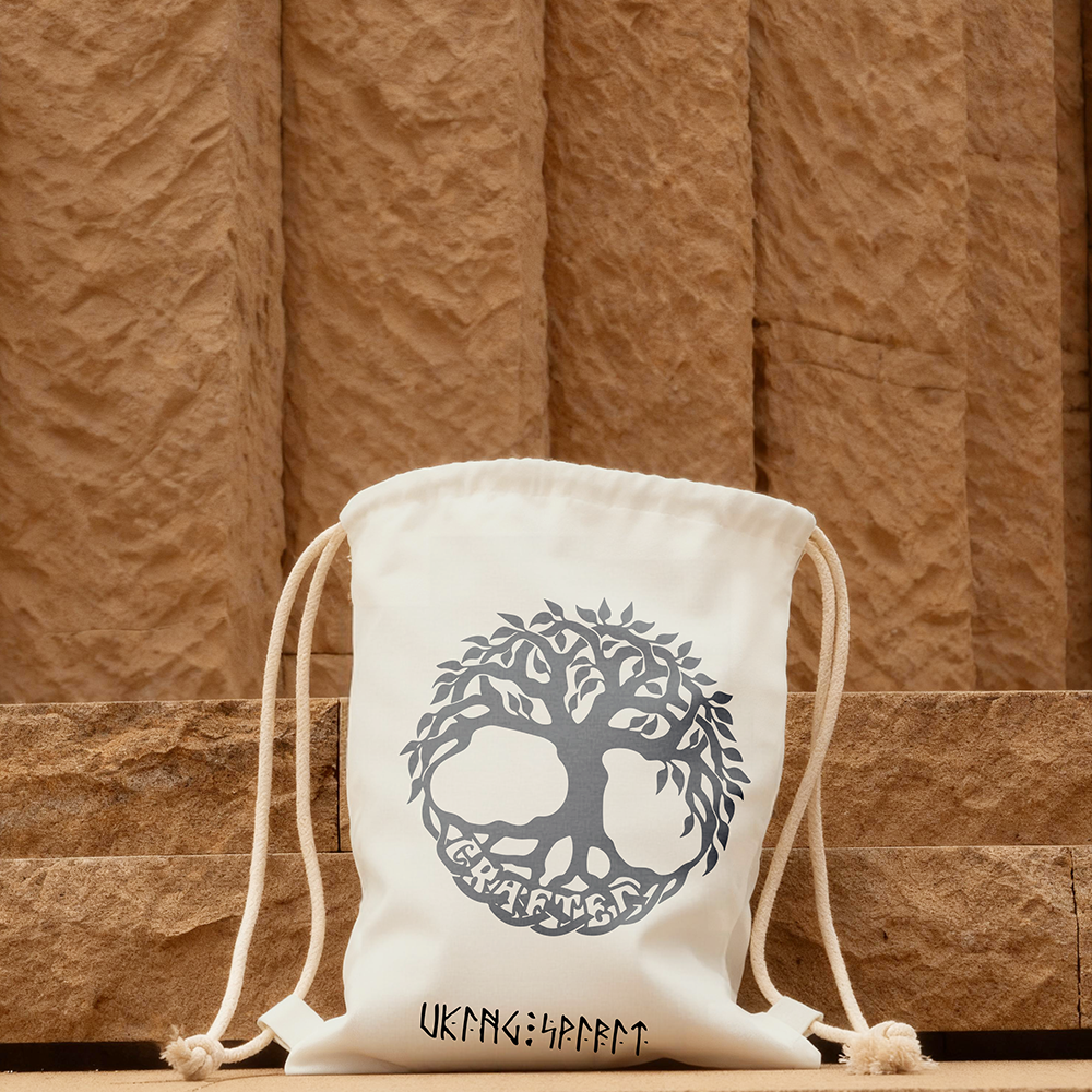 Yggdrasil Tree of Life Cotton Canvas Drawstring Backpack, Celtic Letter Heat‑Transfer Gym Sack Bag, Affordable Unisex Nordic Storage Sack for All Ages for European Market-Viking Spirit